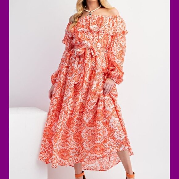 Easel Sunset Orange Printed Off-Shoulder Maxi Dress NWT L - Picture 10 of 10